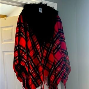 J. Crew Red Plaid Cape with Black Fur Collar